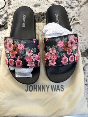 Johnny Was Black Floral Embroidered Slide Sandals with Pink Accents